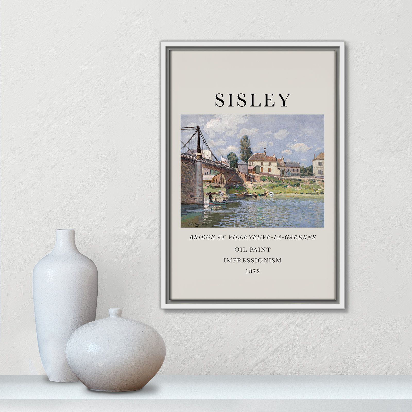 Old Masters Collection " The Bridge At Villeneuve " by Alfred Sisley, No, 19.5" H x 13.5" W x 2" D, White Floater Frame