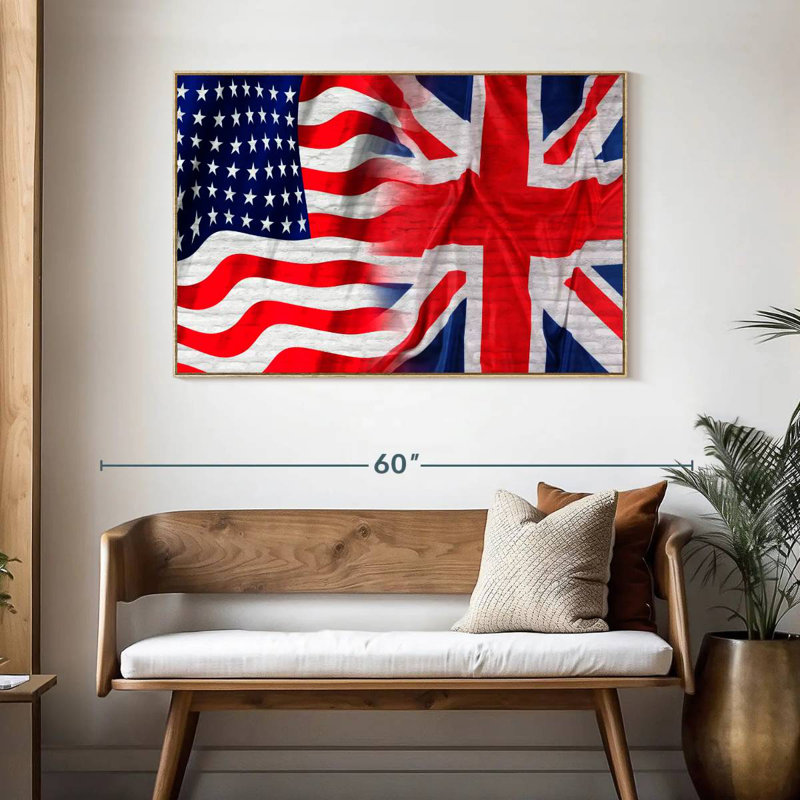 Drapeau américain et britannique, Cadre flottant en bois naturel, 46 po x 31 po