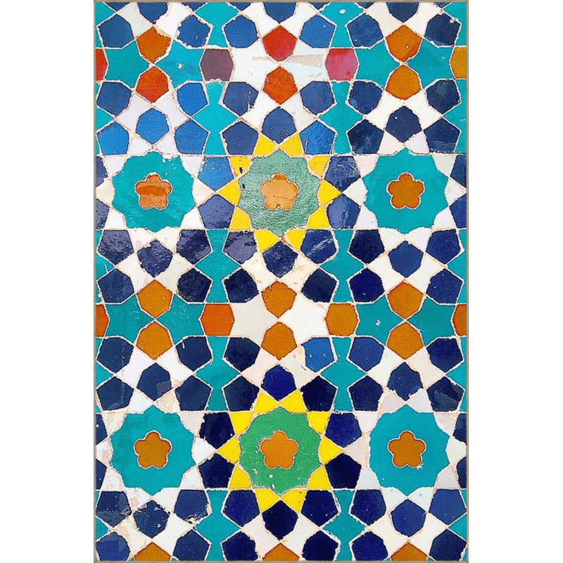 Tapis bleu délavé à motif géométrique mixte, Carré 3 pi 3 po 
