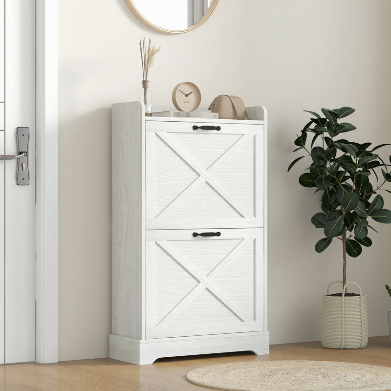 Entryway Shoe Stand, 2 Flip Drawers & Adjustable Shelves, Holds 8 Pairs, Distressed White Design Cabinet, Inspired Hidden Storage With Fits