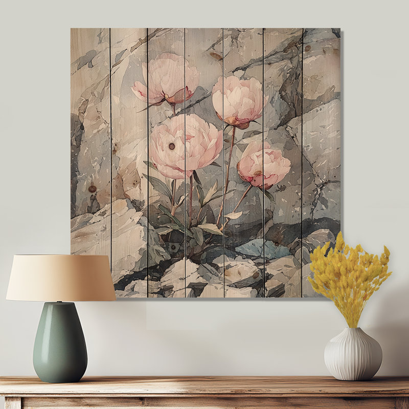 Peonies In The Rocky Pass II - Peonies Wood Wall Art - On Natural Pine Wood, 30" H x 30" W x 0.78" D