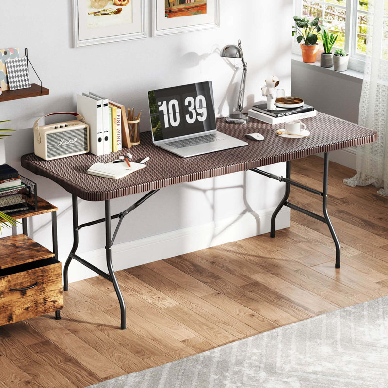 Table pliante en deux avec mécanisme de verrouillage de sécurité en forme de rotin, Brun