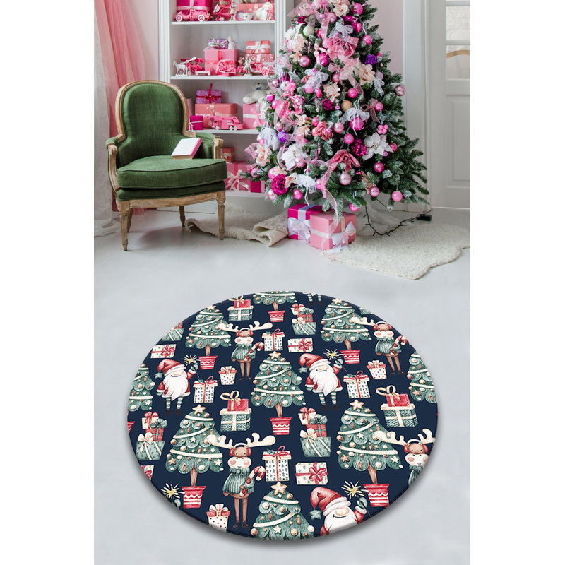 Christmas-Themed Round Carpet, 6.6 ft Diameter, Dark Blue, Green & Red | 100% Polyester, 0.4 in Pile Height | Antibacterial, Non-Slip Underside, Machine Washable | Perfect Holiday Decor for Living Rooms & Play Areas