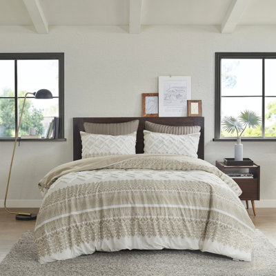 Housse de couette en coton 3 pièces double / grand, capitonnage en chenille, motif attrayant, motif, envers taupe, literie lavable double / grand avec touche paisible, réversible, fermeture à boutons,