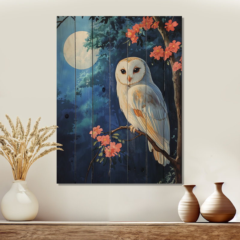 Floral Owl In The Moonlight I - Owl Animal Wood Wall Art - On Natural Pine Wood, 44" H x 34" W x 0.78" D