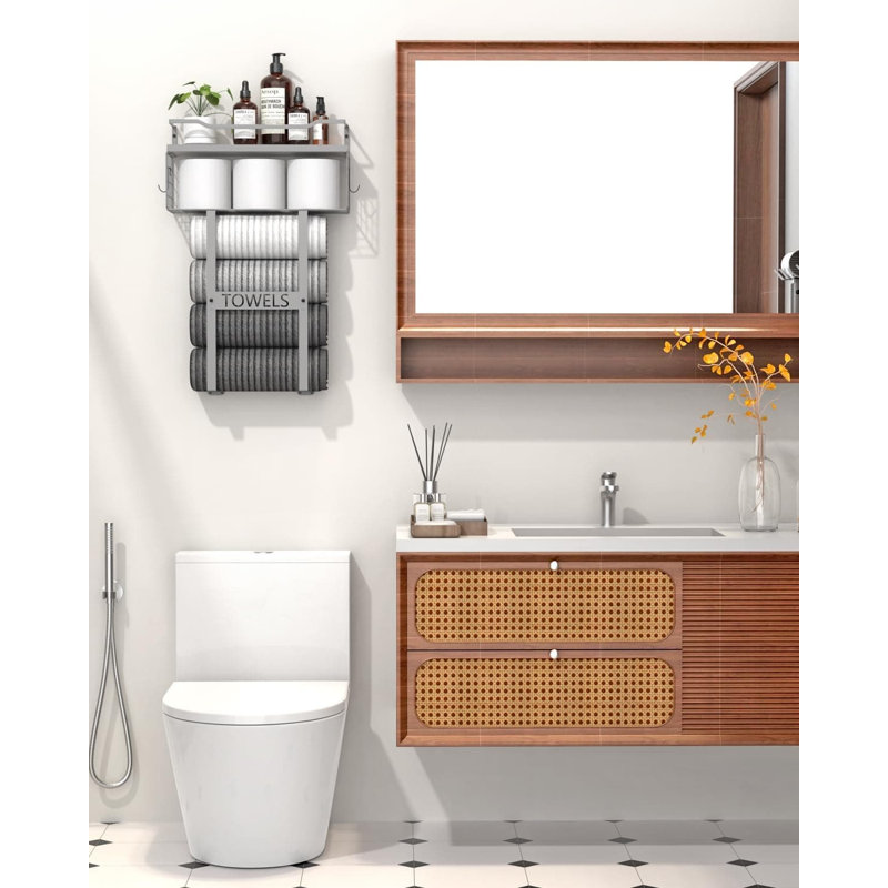 Grey Wall‑Mounted Vertical Wood Towel Rack, Above‑Toilet Rolled Towel Storage for Small Bathroom