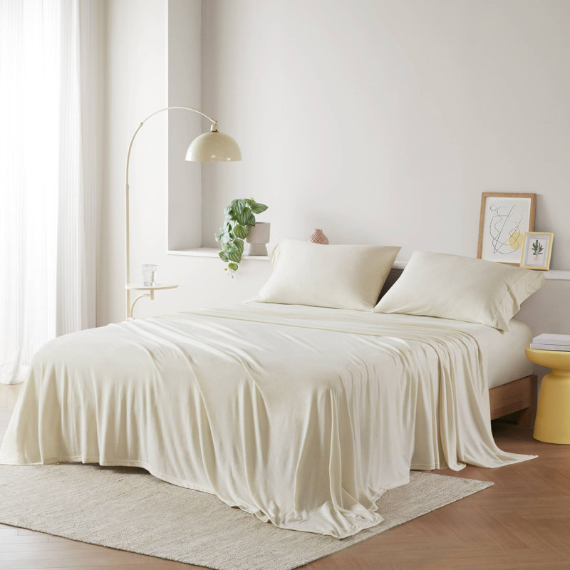  Ensemble de draps en tricot de coton toutes saisons, Ensemble de draps pour lit simple TG avec 1 taie d, Ivoire