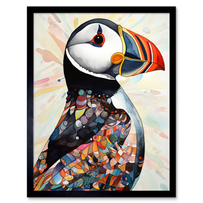 Multicolour Pattern Feather Puffin Bird Folk Art Artwork Framed Wall Art Print 9X7 Inch