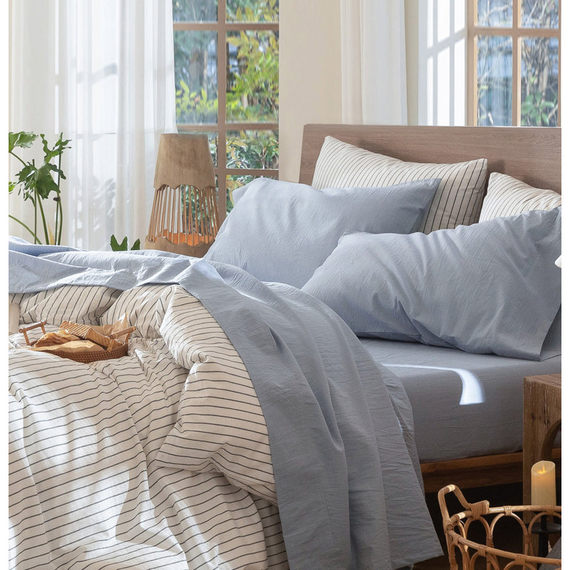 Ensemble de draps 100% coton délavé MooMee, Bleu bleuet, Ensemble de draps très grand californien avec 2 t
