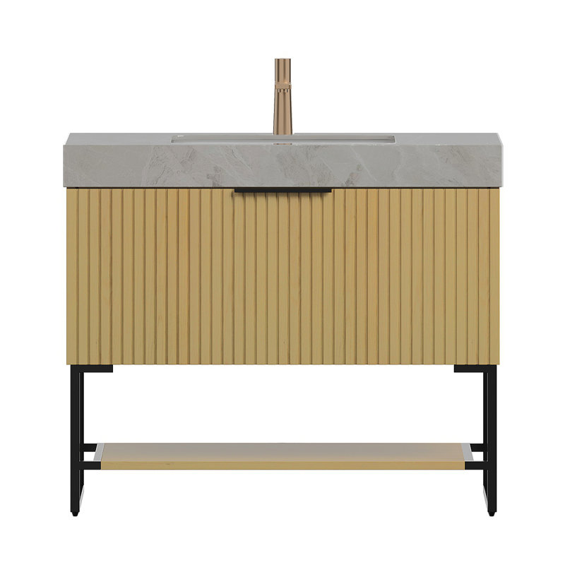 Meuble-lavabo de salle de bain 36 po YOLAN, armoire de rangement autoportante en contreplaqué rayé avec tiroir et tablette ouverte, plateau en pierre frittée gris clair et lavabo en céramique encastré, pré-assemblé, couleur grain de bois de chêne Corolla