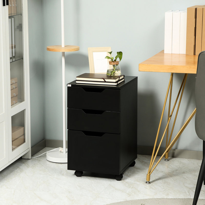 Armoire de bureau mobile à 3 tiroirs, support pour imprimante à roulettes noires, système de classement vertical, grande capacité pour la papeterie, tiroirs coulissants, mobile avec 4 2 verrouillables, se range sous le classeur noir.