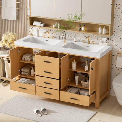 59.3-Inch Modern Bathroom Vanity With Solid Wood, MDF, SMC Sinks, And Soft-Close Mechanisms For Enhanced Storage And Style