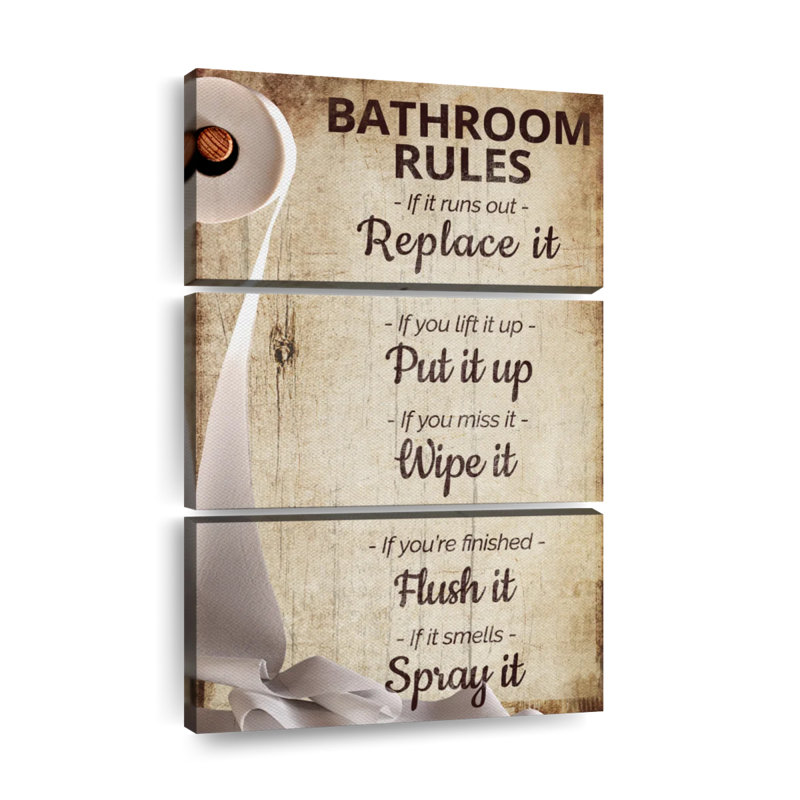 " Funny Bathroom Rules " by HomeyNotes Studio 3 - Pieces, 45" H x 28" W x 1.25" D