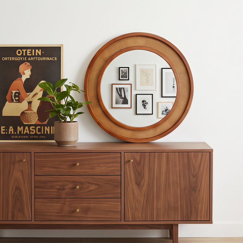Miroir mural au design unique, Black + Dark Walnut, 24" H x 24" W