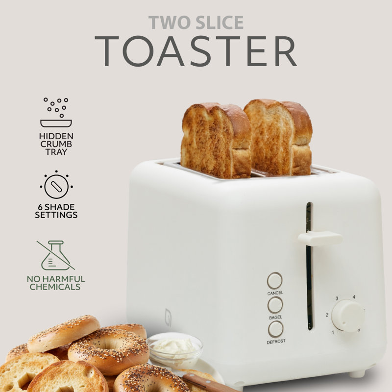WILLOW Kitchen 2-Slice Toaster with Wide Slots - Perfect for Toasted Bagels, Compact Design, Crumb Tray - WHITE, White