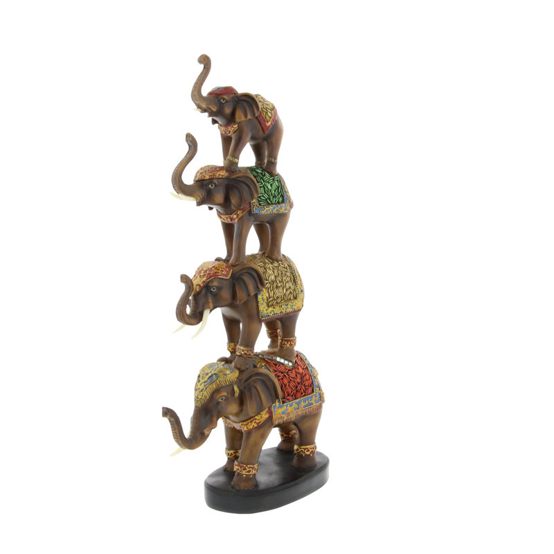 Brown Polystone Stacked Elephant Figurine with Colorful Patterns