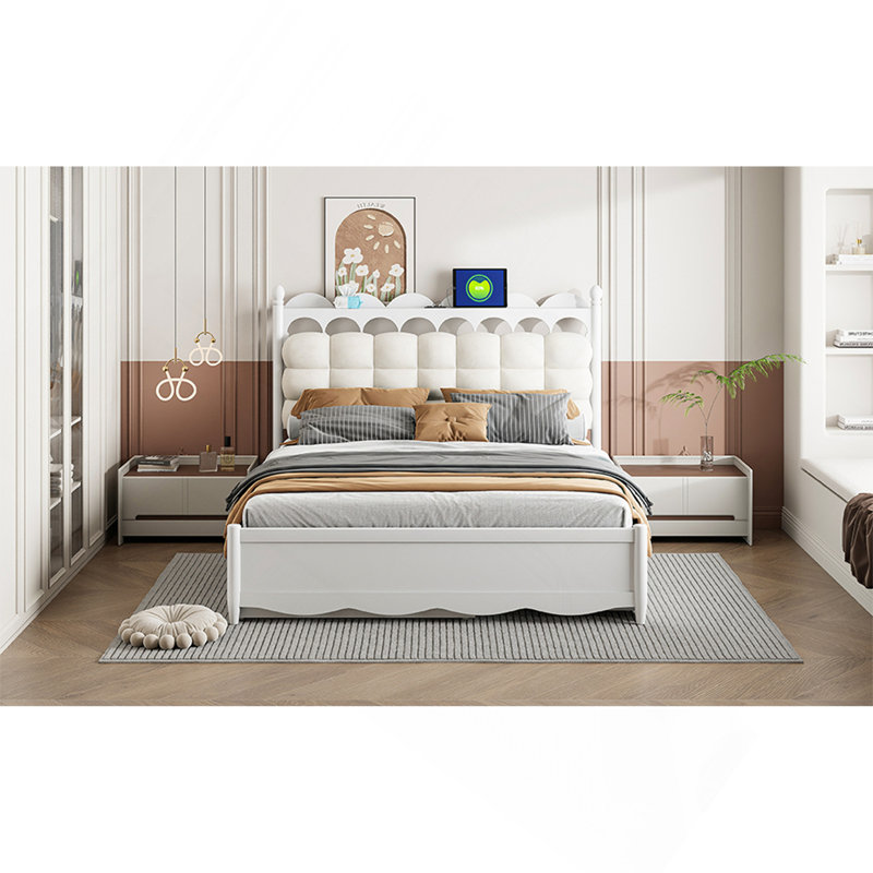 Grand lit plateforme en bois avec 2 grands tiroirs, lit gigogne simple TG, 1 ensemble de prises et ports USB, blanc