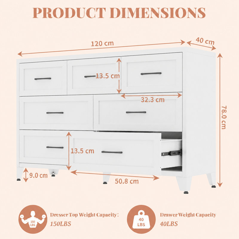 White 7-Drawer Metal Tall Dresser — Deep Storage, Anti-Tip Kit & Adjustable Feet