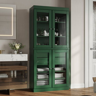 Armoire de rangement autoportante en bois massif l 32 po x H 71,5 po avec portes en verre transparent, 2 tiroirs et tablettes réglables - Organisateur de salle de bain moderne
