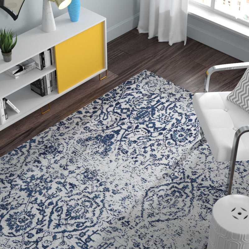 Tapis ivoire / bleu marine à motif abstrait Basham, Rectangle 6 pi x 9 pi