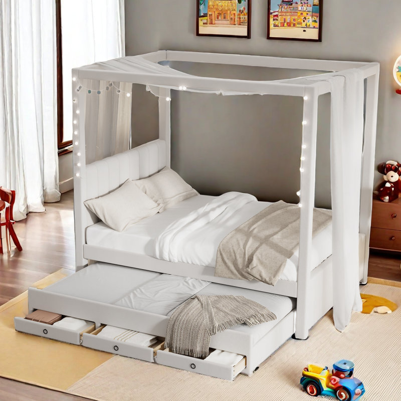 Ernie Upholstered Canopy Storage Bed, Full, Beige