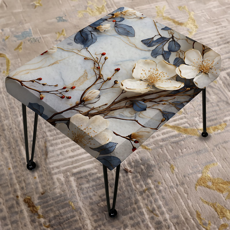 Repose-pieds rectangulaire en marbre blanc et bleu Magnolias