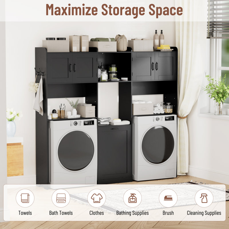 Comptoir de laveuse-sécheuse avec tablette, piédestal avec armoire de rangement, organisateur de salle de lavage avec panier à linge inclinable, comptoir en bois multi-couches avec bordure, conception anti-basculement