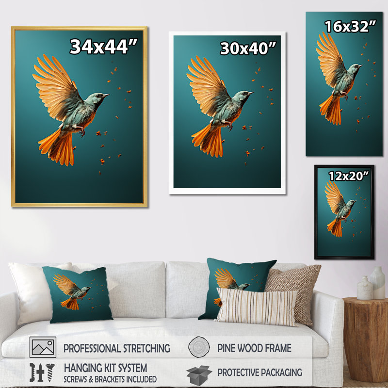 Oiseau contemporain, impression d'art mural, H 32 po x l 24 po x P 1 po, Cadre flottant doré