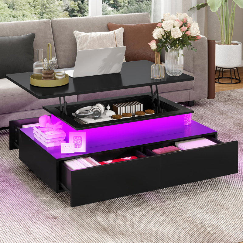 Table basse rectangulaire à DEL avec plateau à 2 tiroirs et compartiment de rangement caché l 35,4 "Lift Top