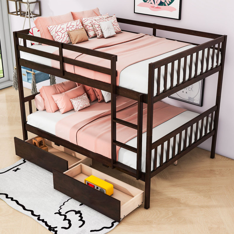 Full Over Full Wood Bunk Bed With Drawers, Guardrails And Ladder, Espresso