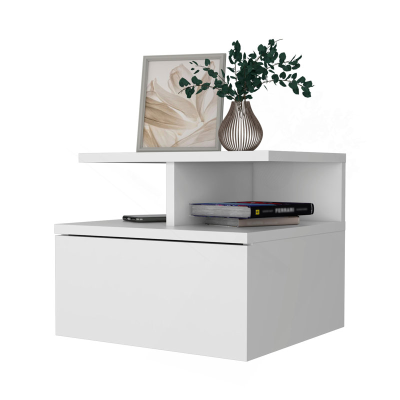 White 1-Drawer Floating Nightstand, White