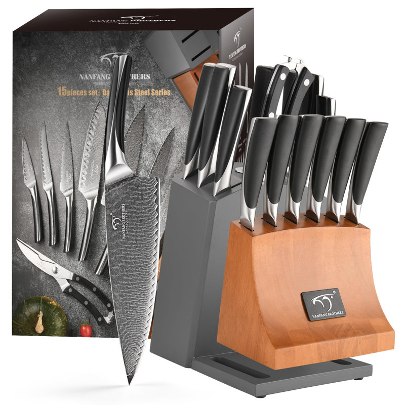 15-Pc Damascus Knife Set VG10 Steel Block
