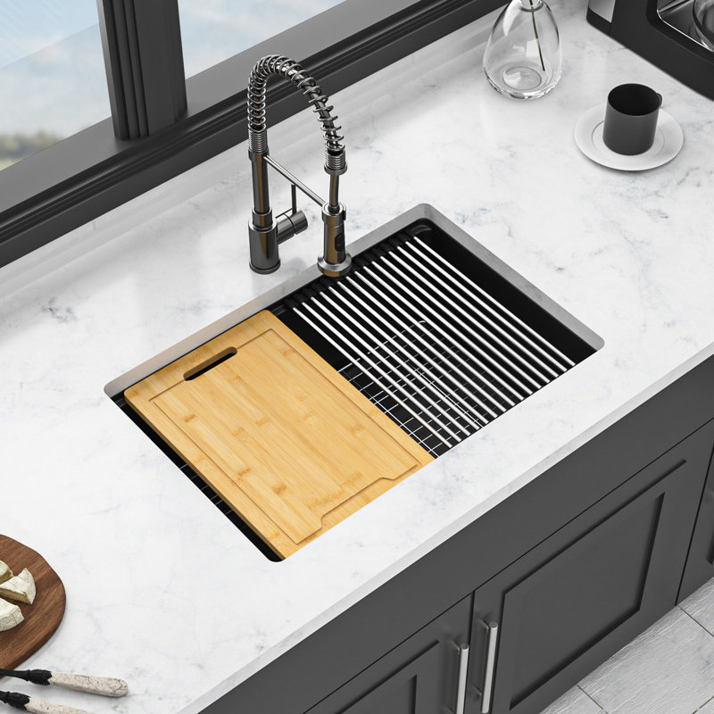 Évier de cuisine 28 pouces par 19 comptoir en quartz noir, matériau haut de gamme, surface lisse, élimine les vibrations, avec grille de séchage et grille inférieure noire, composite de 28 po x 19 po