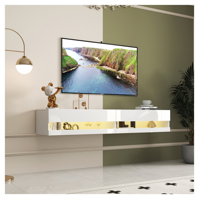 Meuble télé flottant mural 80 po blanc avec 20 lumières DEL de couleur et station de charge - Meuble audio-vidéo moderne