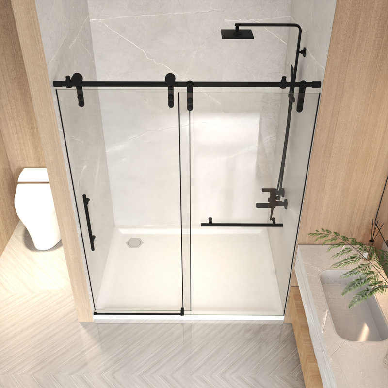 Lennon 44-48"x76" H Frameless Sliding Shower Door with 5/16" Tempered Glass & Stainless Steel Hardware, Matte Black
