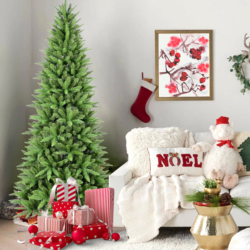 Arbre de Noël mince de 8 pi - 1612 pointes, branches en PE + PVC, conception à charnières pour une installation facile, support en métal stable - idéal pour les coins et les petits espaces