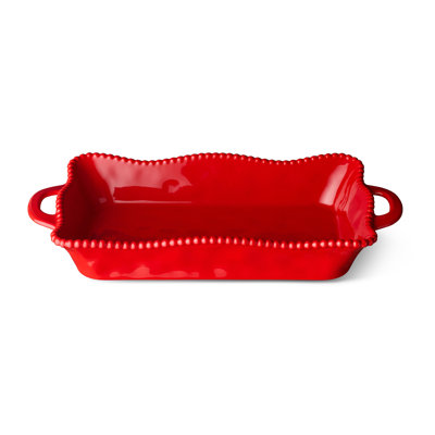 Perlette Red Large Rectangular Ceramic Baker – 19 x 10 Inch Scalloped Oven-to-Table Stoneware Bakeware with Beaded Rim – Vibrant Farmhouse Bake Dish for Lasagna, Casseroles, and Hosting
