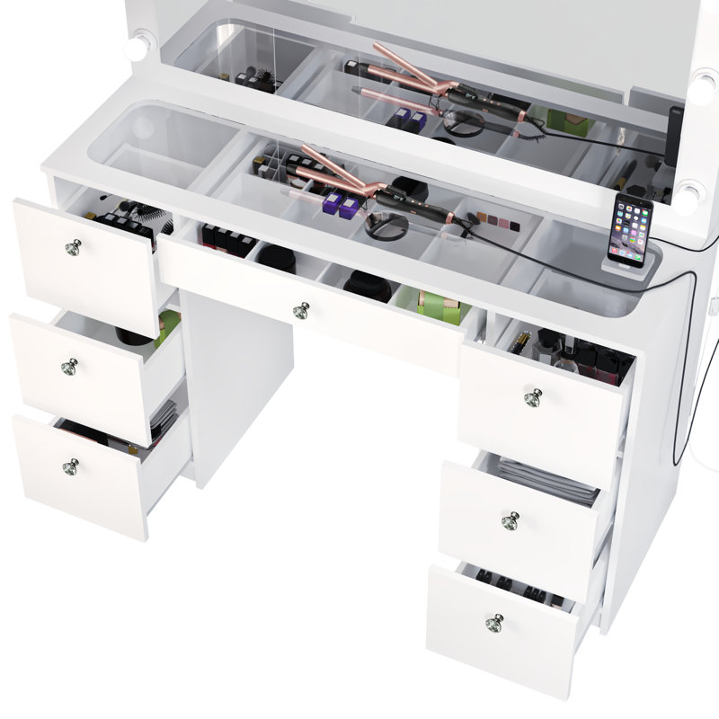 Boahaus Yara Large Lighted Makeup Vanity Desk with Big Mirror and Built-In Lights, White , Crystal Knobs