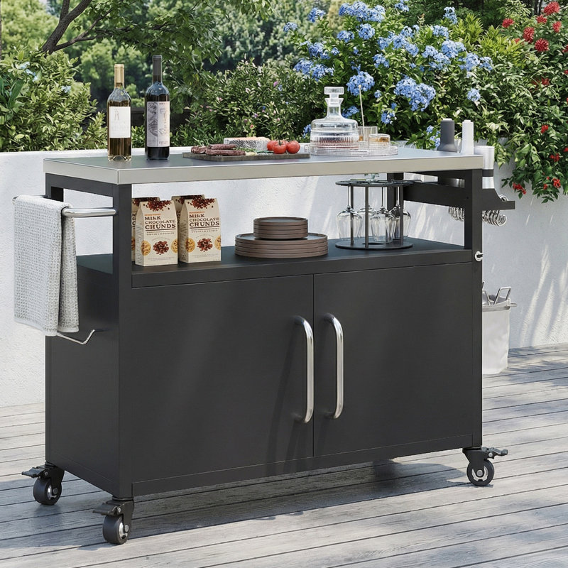 54.5" Rolling Bar Cart & Outdoor Kitchen Island, Metal Grill Table with Stainless Steel Top, Storage Cabinet & 4 Lockable Wheels for Outside BBQ
