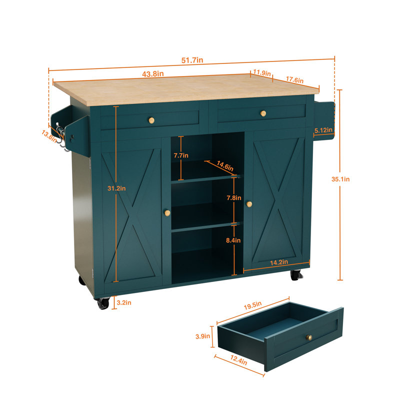 Jaye 51.7" Kitchen Island on Wheels with Storage Cabinet with Drop Leaf Countertop, Green