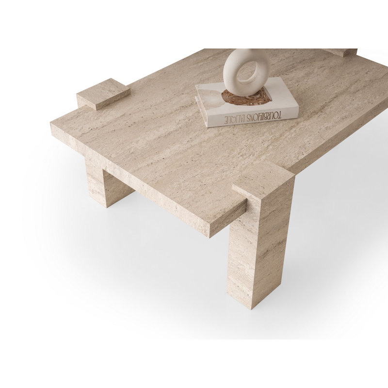 Table basse moderne, couleur travertin, 43,3 po x 17,9 po x 27,6 po | Panneau de particules 100% enduit de mélamine avec pieds en panneau de particules | Capacité de charge de 220 lb | Conception élégante en marbre de fantaisie pour les espaces de vie contemporains