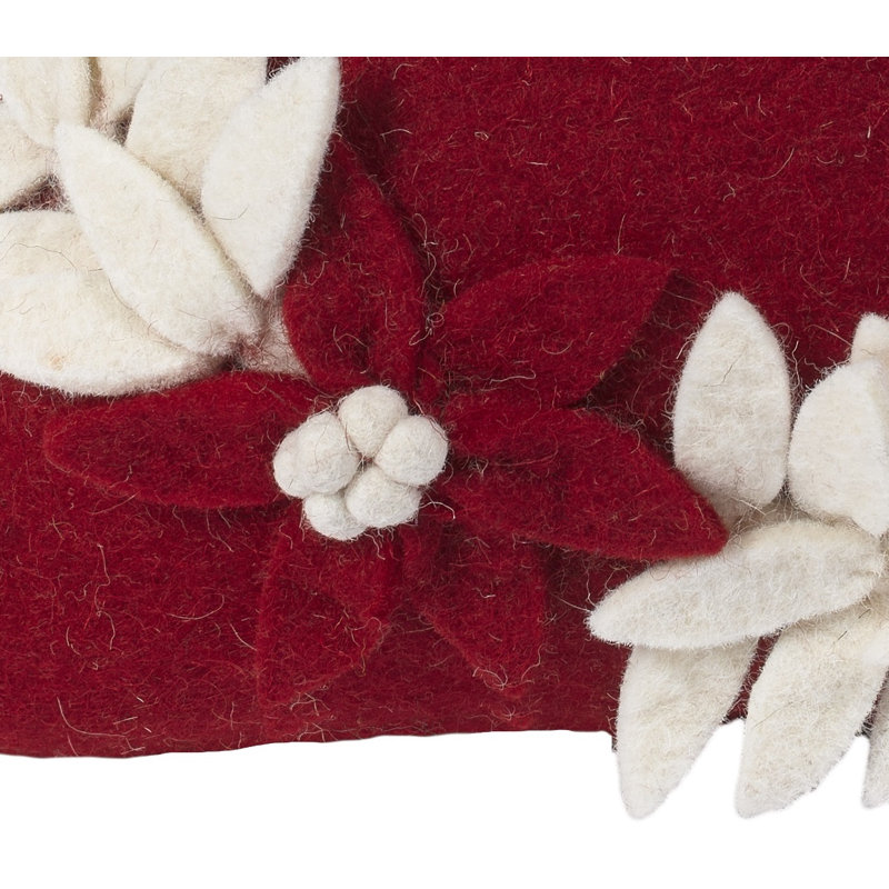Coussin de Noël en laine feutrée à la main - Couronne Joy - 20 po, Rouge/crème, Oreiller (inclus)