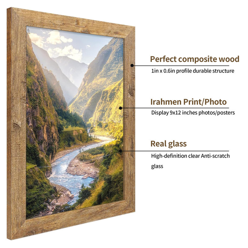 9X12 Picture Frame Set Of 2, Rustic Brown Wood With Glass Photo Frame - Display Pictures 6X8 With Mat Or 9 X 12 Without Mat For Horizontal Or Vertical Table Top And Wall Mounting