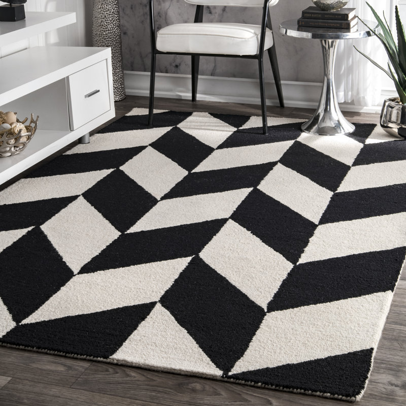 Tapis noir / blanc en laine touffeté à la main à motif géométrique Tilley, Rectangle 5 pi x 8 pi