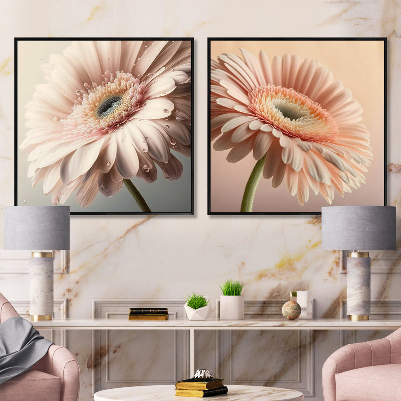 Gerbera rose - Collage de marguerites carrées, Cadre flottant noir, H 16 po x l 33 po