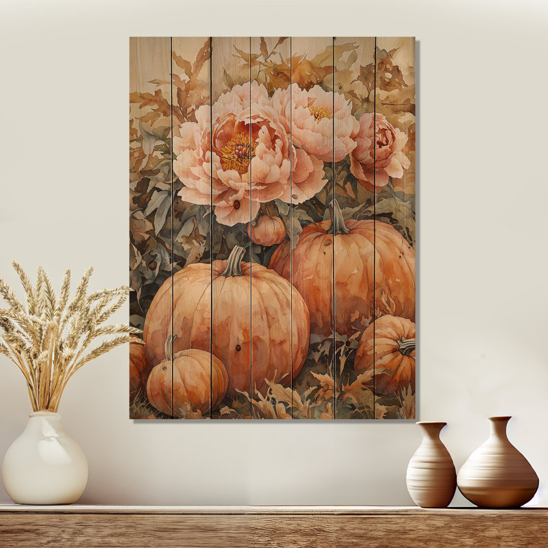 Pivoines parmi les citrouilles - Art mural en bois pivoines - sur bois de pin naturel, H 40 po x l 30 po x P 0,78 po