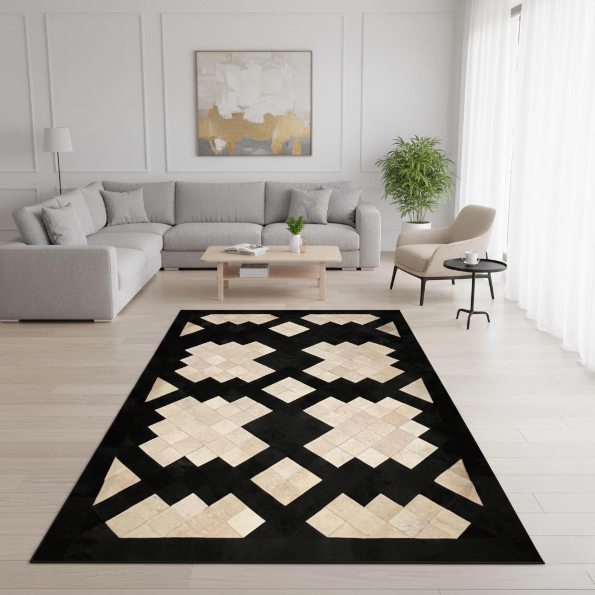 Everly Quinn Black And Cream Cowhide Rug, Geometric Patchwork Area Rug ...