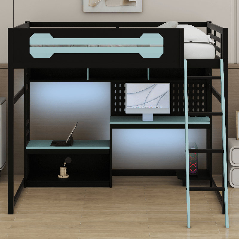 Lit mezzanine en bois avec bureau, Noir / Bleu