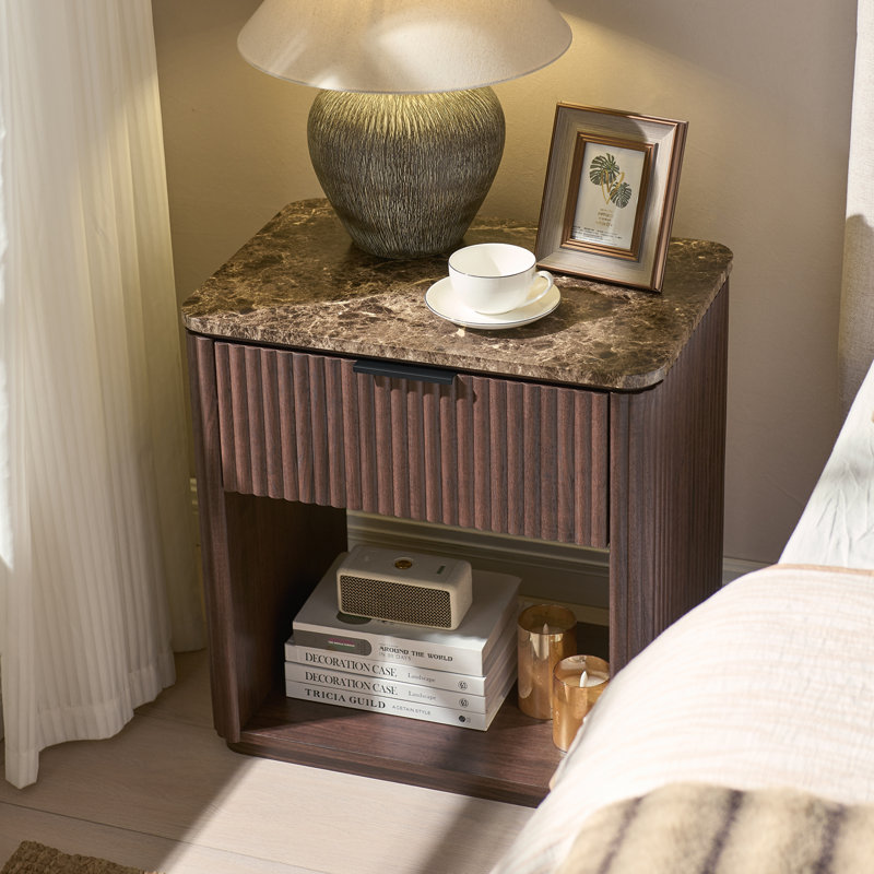 3-Sided Fluted Nightstand With Faux Marble Top & 2" Thick Panels, Round Corner Bedside Table End Table, Brown Oak, Individual