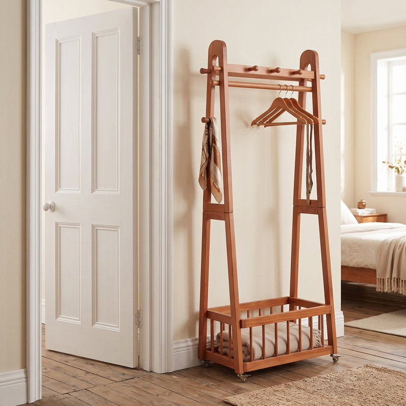 Solid Pine Wood Rolling Garment Rack with Locking Wheels Hooks and Bottom Storage, 23.62"W, Cherry